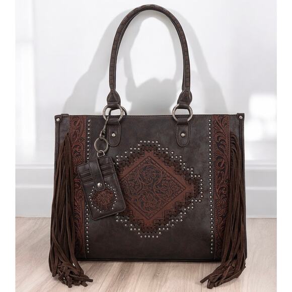 Montana West Tool Fringe Wide Tote - Coffee *NEW in Package* - Picture 1 of 5